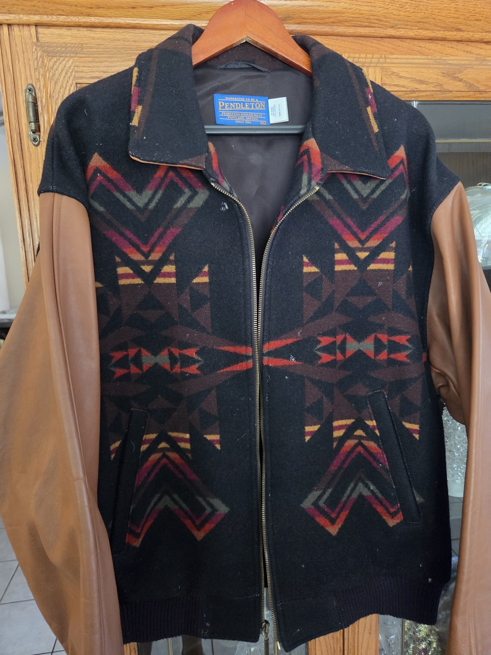 Pendleton Black Wool Jacket with Brown Leather Sleeves - Geometric Pattern